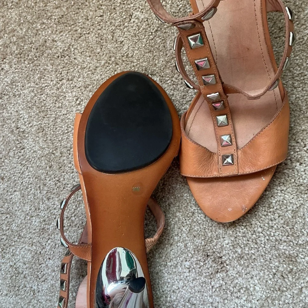 7 For All Mankind Tan Leather Stud T-Strap Heels